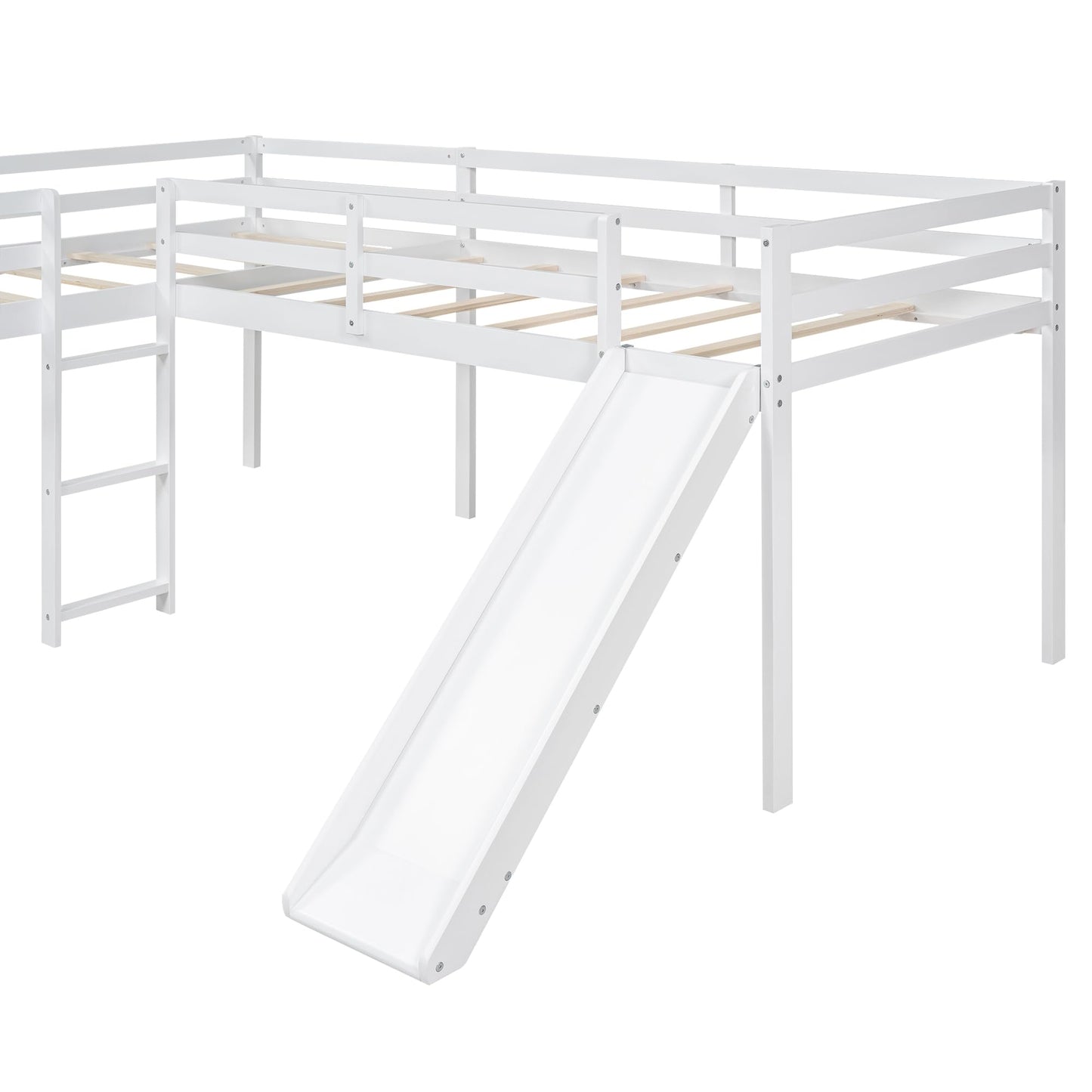 Favfurish L-Shaped Twin Size Loft Bed with Ladder and Slide,Solid Wood Structure Bed Frame,w/Safety Guardrail & Slat Supports,Space Saving,Easy to Assemble,for Kids,Teens,Girls & Boys,White
