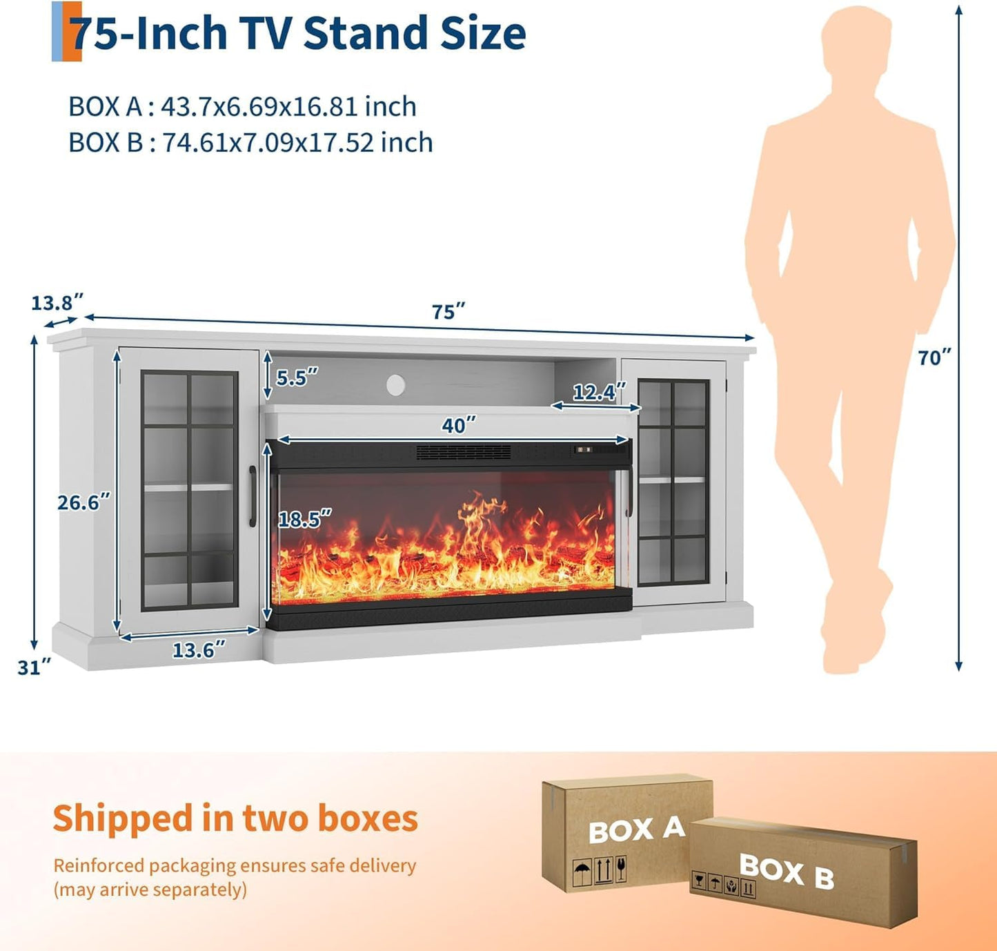 Towallmark 40-inch 3-Sided Glass Electric Fireplace & 75-inch Wooden TV Stand, Farmhouse Entertainment Center with Storage for TVs up to 85", White Console Table for Living Room