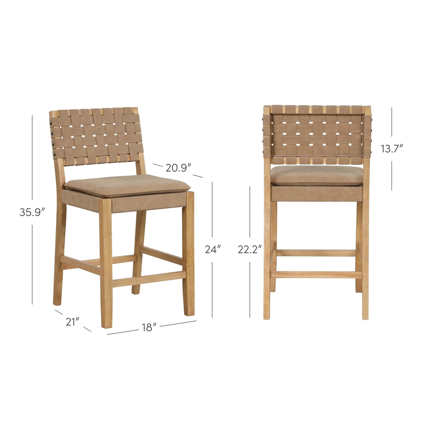 Nathan James Cohen Mid-Century Modern Leather Bar Stool, Counter Height Chair in Solid Wood Frame with Footrest and Woven Leather Back for Kitchen, Natural Brown, 1 count, Barstool - 24"