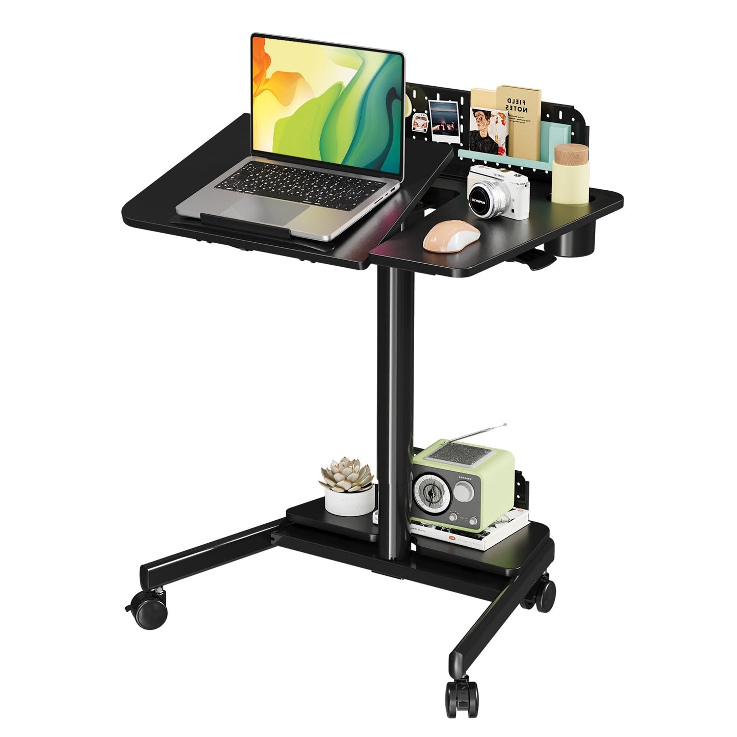 JOY worker Mobile Standing Desk with 60° Tiltable Desktop, 28" Height Adjustable Rolling Desk, DIY Pegboard & Storage Base, Portable Laptop Desk with 4 Lockable Wheels for Home Office, Black