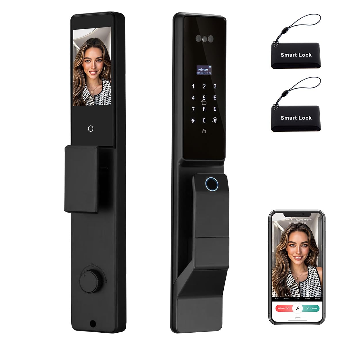 3D Facial Recognition Smart Door Lock with Palm Vein Recognition, 8-in-1 Keyless Entry System, High-Definition Video Screen, Fingerprint, Ic Card, App-Based Remote Unlocking, Wi-Fi, Auto-Lock