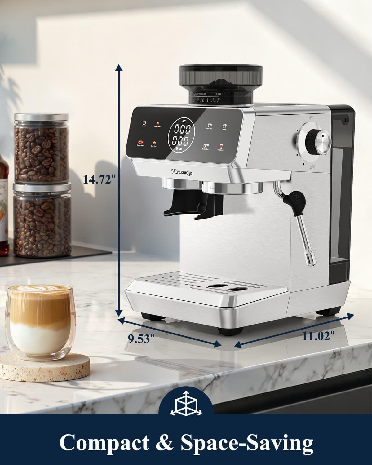 Hausmojo CM1620 Espresso Machine with Built-in Burr Grinder, 20 Bar Bean-to-Cup Espresso Maker with 44 Grind Settings & Steam Wand, Touchscreen Coffee Machine for Latte, Cappuccino