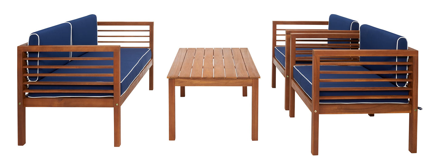 SAFAVIEH Outdoor Collection Alda Natural/Navy Cushion with White Piping 4-Piece Conversation Patio Set