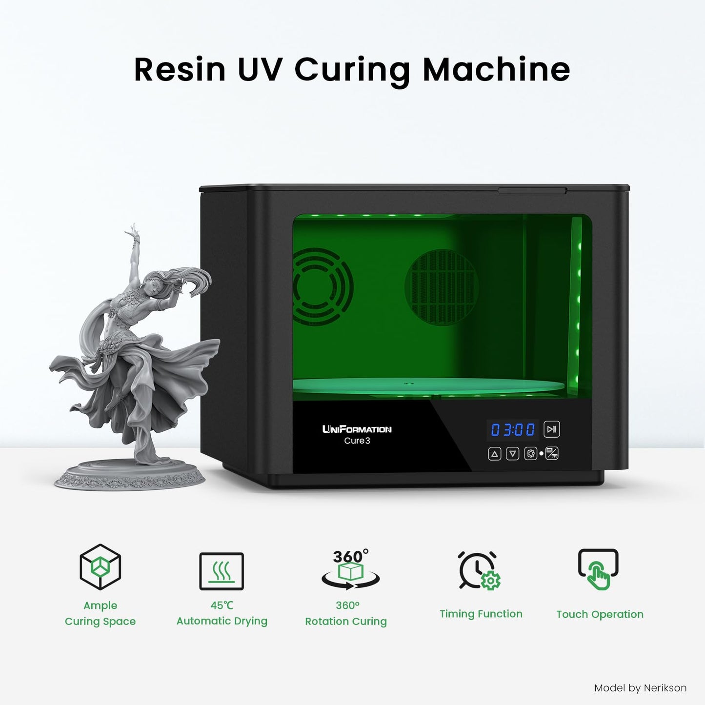 UniFormation 10.3-inch Cure3 Curing Machine 405nm UV Resin Curing Station with 360° Turntable D282 x H162 mm Curing Box Compatible with Resin 3D Printers for 3D Printed Models