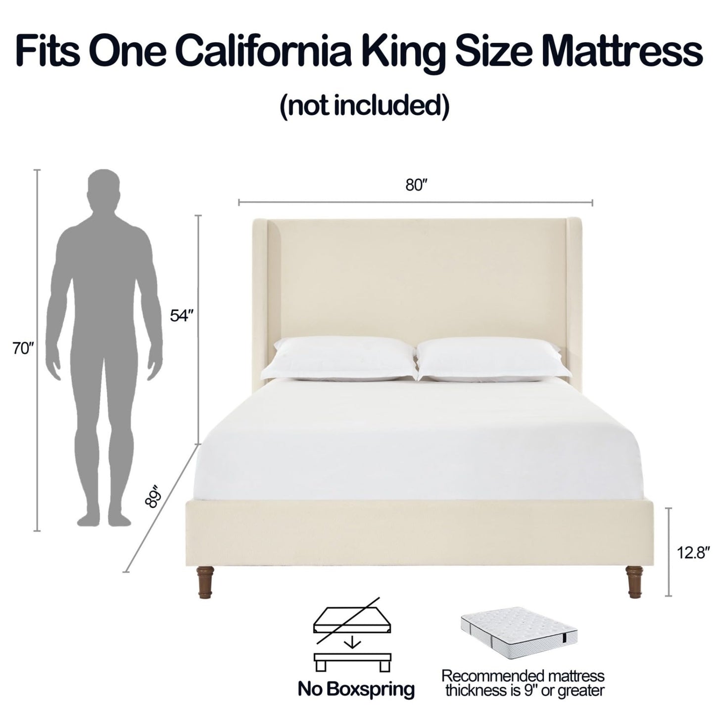 KEIKI Boucle California King Size Bed Frame, 54" Tall Headboard Upholstered Platform BedFrame with Wingback, Elegant Simplicity, No Box Spring Needed, Solid Oak Wood Feet, Ivory