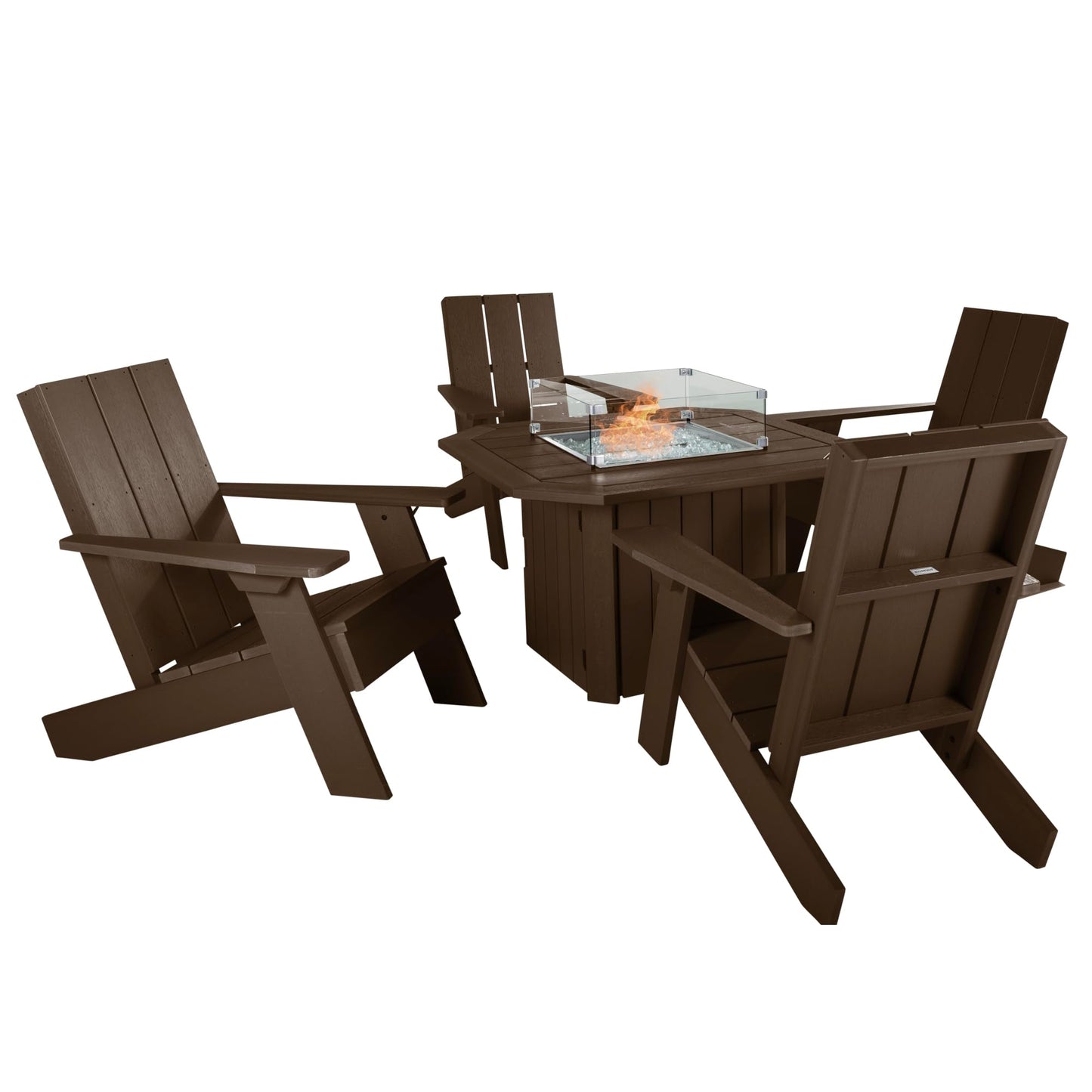 Oasis 5-Piece Conversation Set with Fire Pit Table, 4 Italica Modern Adirondack Chairs and 40” Fire Pit Table with Glass Wind Guard and Rain Cover, Weathered Acorn