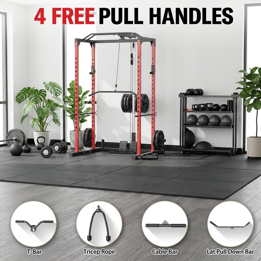 ExploreHorizon All-in-1 Power Cage with Pulley System, 1200LBS Multi-Functional Squat Rack for Home Gym, Weight Cage Includes LAT Pulldown, Dip Bars and More Attachments