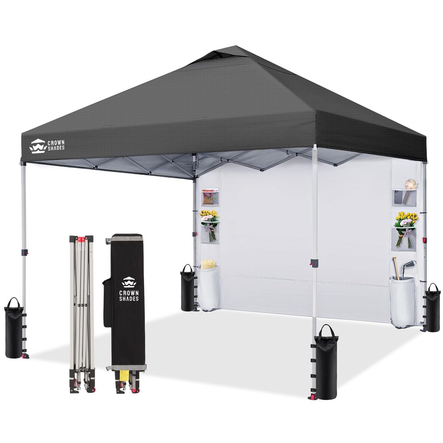 CROWN SHADES Canopy Tent 10x10 Pop Up Canopy Outdoor Shade with Pockets Sidewall, Easy Up Sun Shelter with One Person Set Up Center Lock, Portable Instant Camping Beach Canopies Tents, Grid Grey