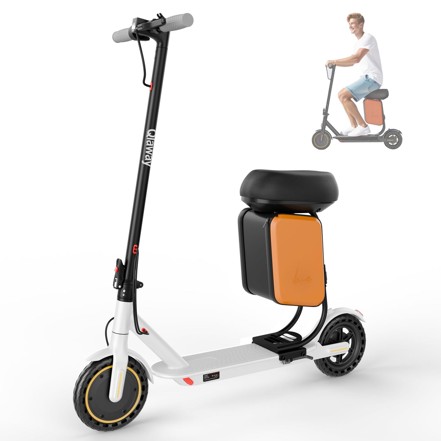 Qlaway Electric Scooter with Seat, 350W Motor, Top Speed 19Mph(31km/h), Max 22 Miles Ranges, 350W Motor, 8.5" Solid Tires, Aluminum Alloy Folding E Scooter with Dual Braking/APP Control