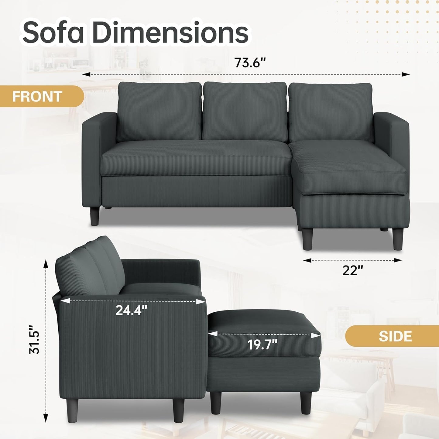 JAMFLY Couches for Living Room, 3-Seat Reversible Sectional Sofa with Convertible Ottoman, Modern Ribbed Fabric L-Shaped Couch for Small Apartment, Studio & Office, Easy Assembly, Grey