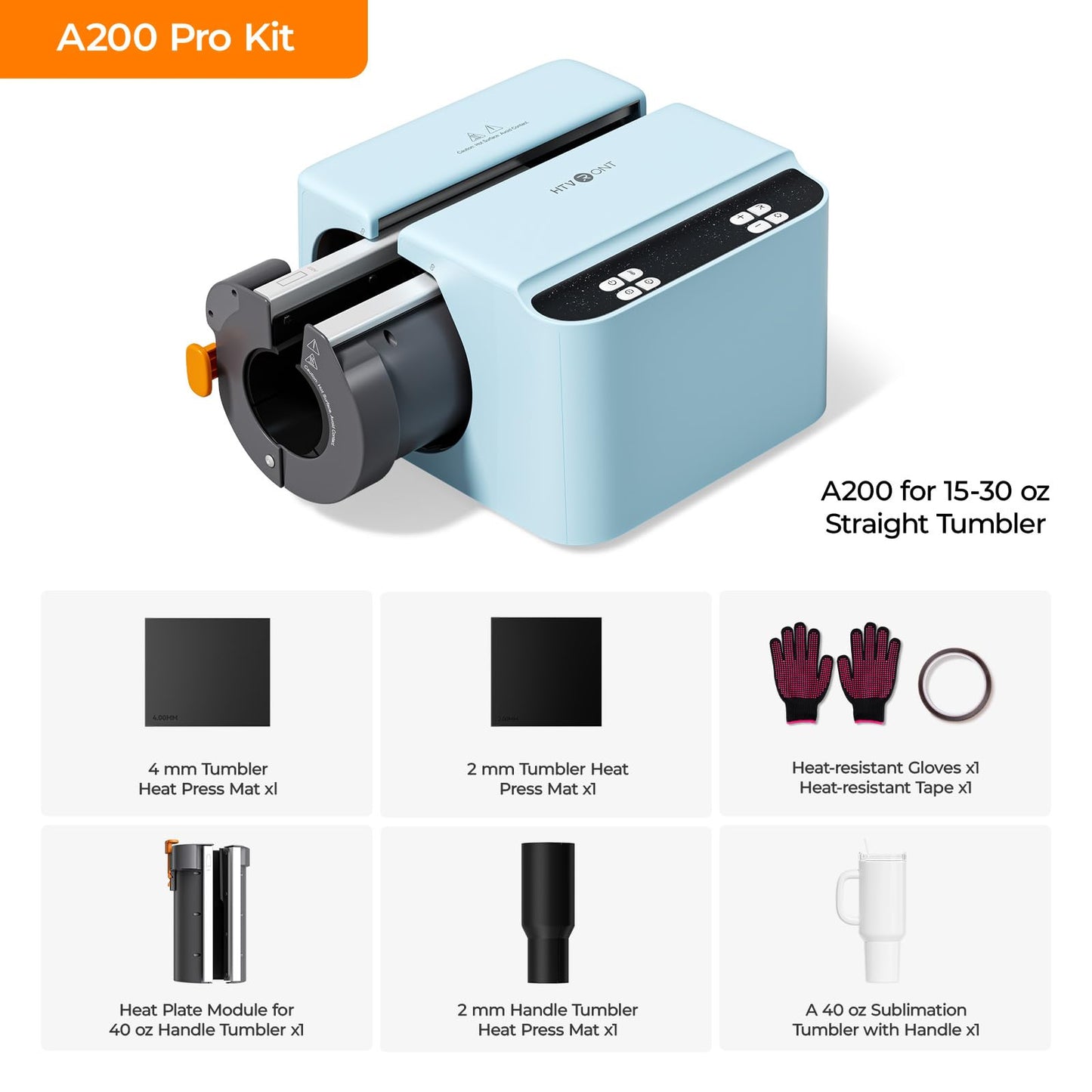 HTVRONT A200 Auto Tumbler Heat Press Pro Kit - 2 in 1 Tumbler Heat Press Machine for 15-30 OZ Skinny Tumblers & Glasses, with Heat Plate Attachment for 40 OZ Detachable Handle Tumblers, Blue
