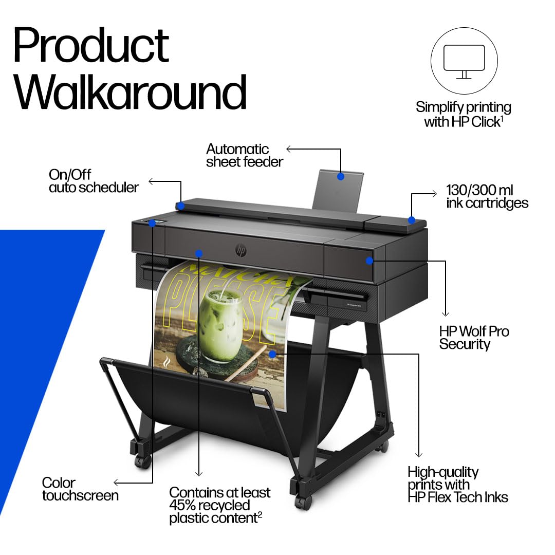 HP DesignJet T870 Large Format 24-inch Plotter Printer, for Easy & Secure Multi-Size Prints. Includes 2-Year Care Pack with Onsite Support (AM0X9H)