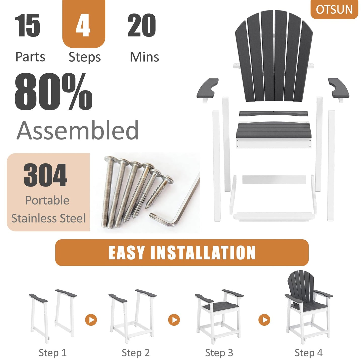 OTSUN Tall Modern Adirondack Chairs Set of 4, All Weather HDPE Bar Height Adirondack Stools Widened Durable Design for Porch Patio Yard Lawn Fire Pit Bistro Basement Indoors & Outdoors
