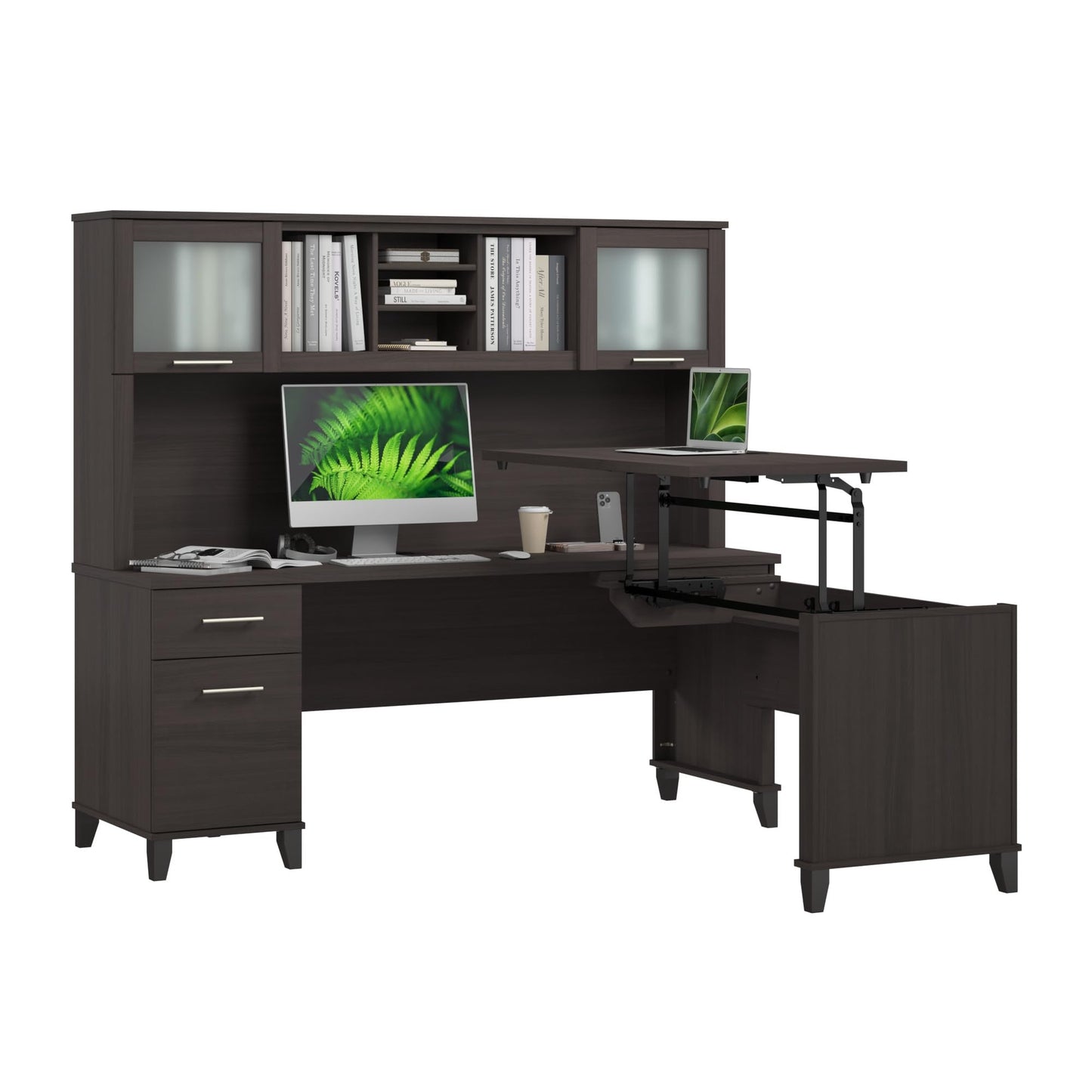 Bush Home 72-Inch L-Shaped Sit to Stand Desk with Hutch, Adjustable Height Standing Corner Computer Desk with Drawers, Shelves and Storage Cabinet, Home Office, Somerset Collection, Storm Gray
