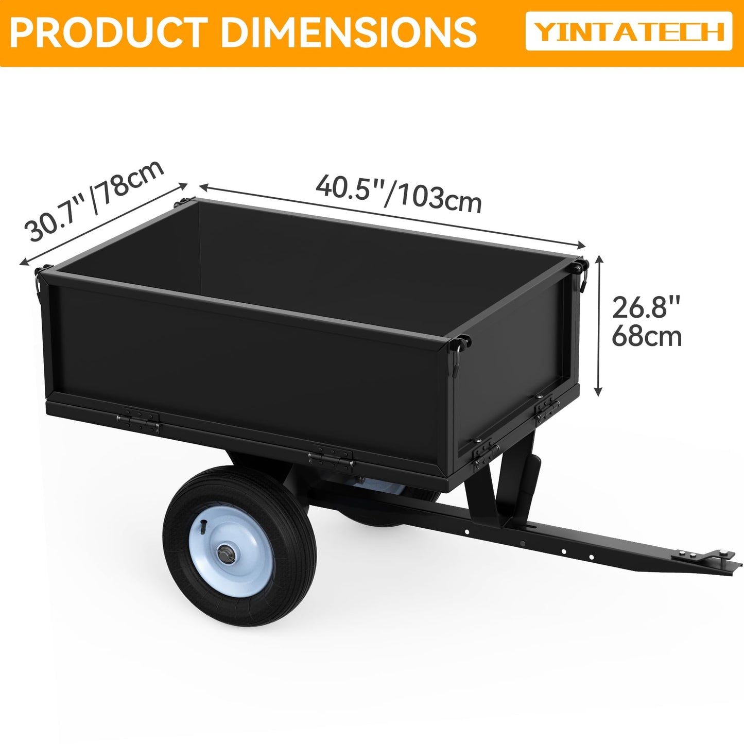 YINTATECH ATV Trailer Steel Dump Cart,Heavy Duty Pull Behind Dump Trailer with Fold-Down Side Panels, Yard Garden Utility Trailer for Lawn Mower Trailer Tractor, Alloy Steel, Black