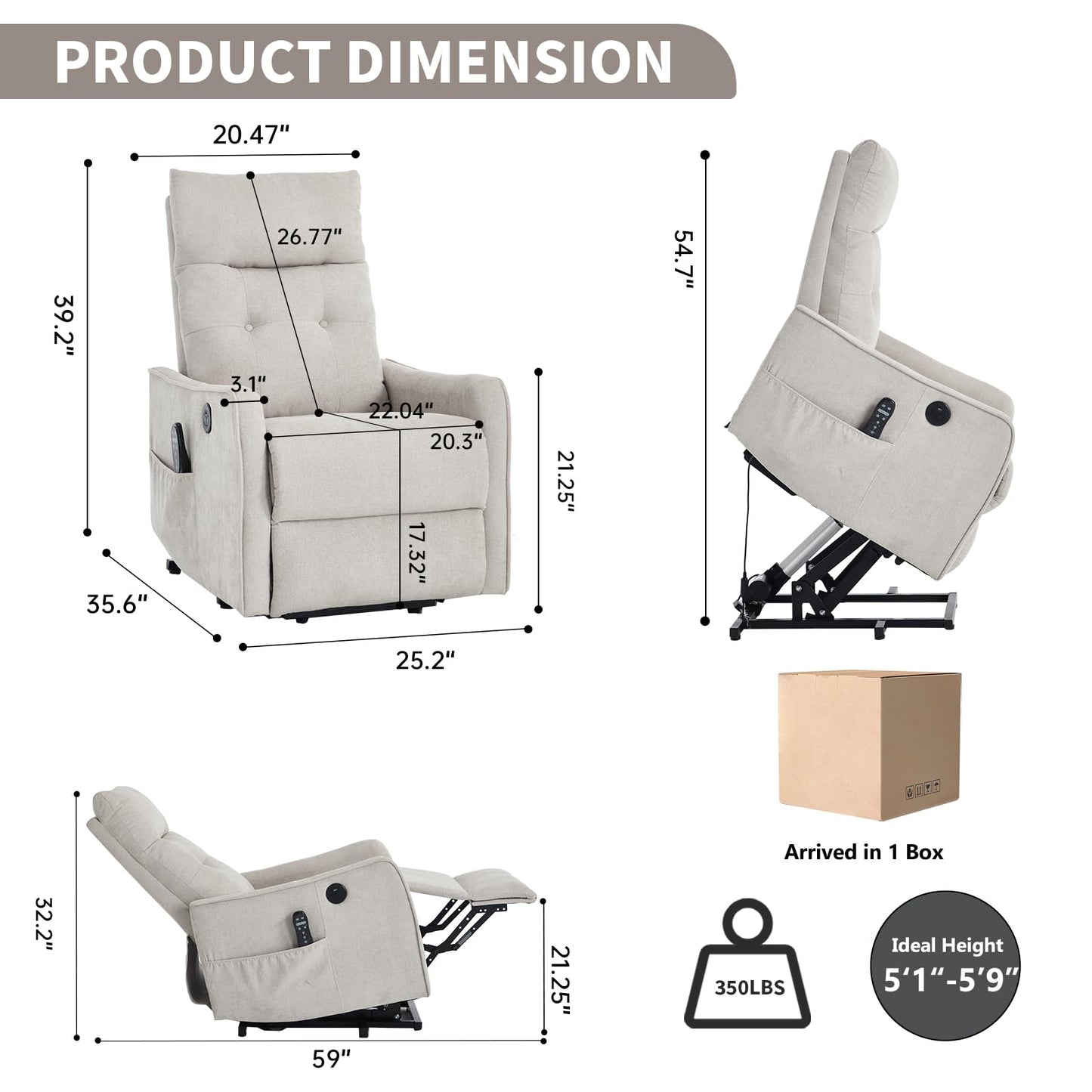 KEIKI Single Motor Power Lift Recliner Chair with Massage and Heat for Home Theater, Soft Fabric Finish with USB Charging Port and Motion Mechanism for Elderly