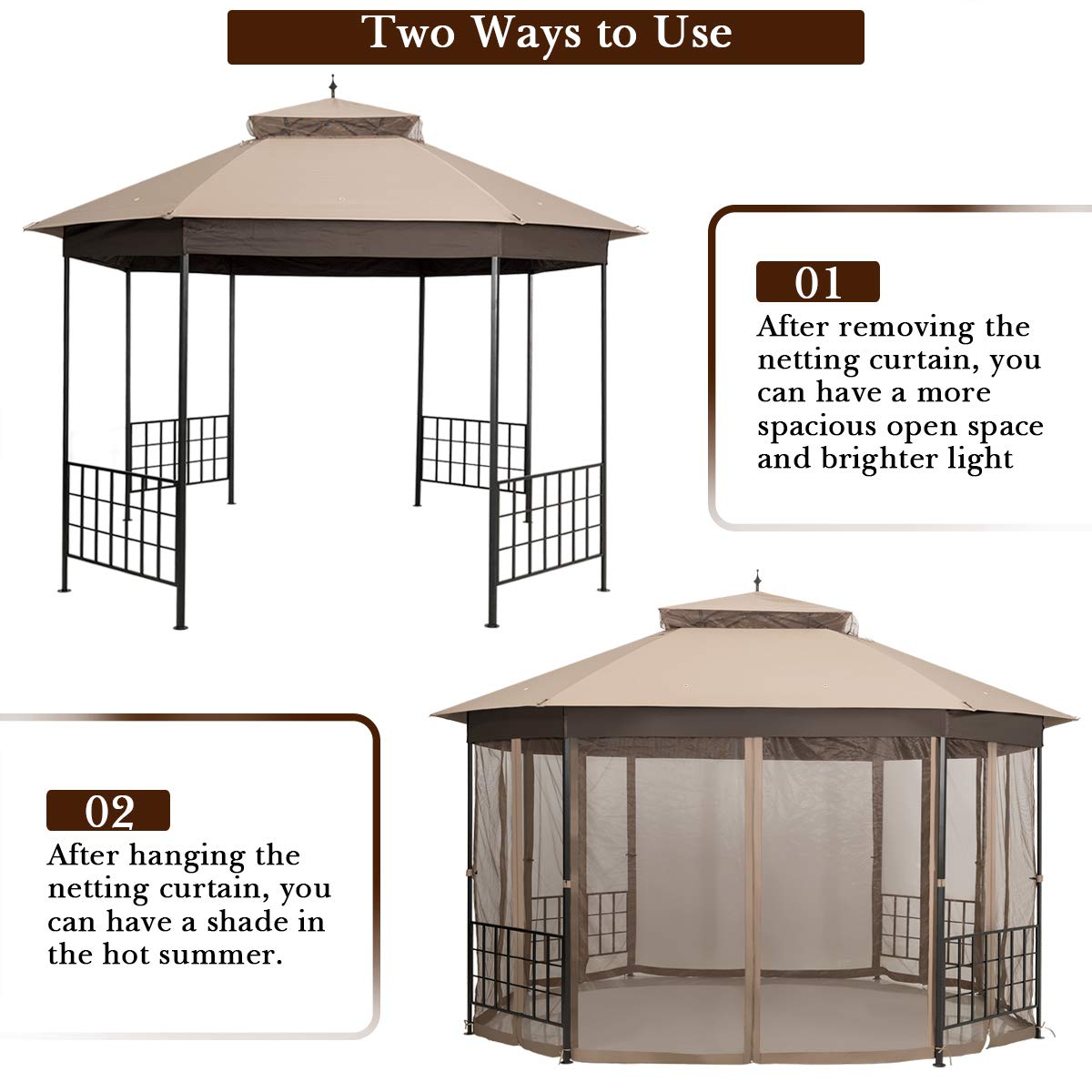 Tangkula 10 x 12 Ft Patio Gazebo, Heavy Duty Octagonal Canopy with Netting Sidewalls & Sturdy Steel Frame, Double Roof Vented Shelter for Backyard Event Party BBQ (Brown)