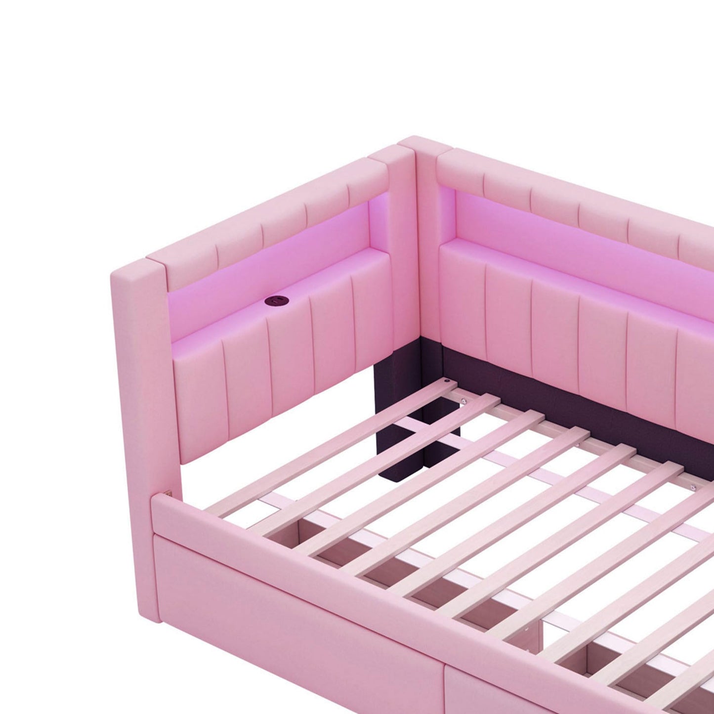 Merax Twin Size Modern Upholstered Platform Bed with USB Ports & Storage Drawers, Floor Sofa Daybed with Wood Slat Support, Storage Bed Frame with Headboard/Twin, Pink