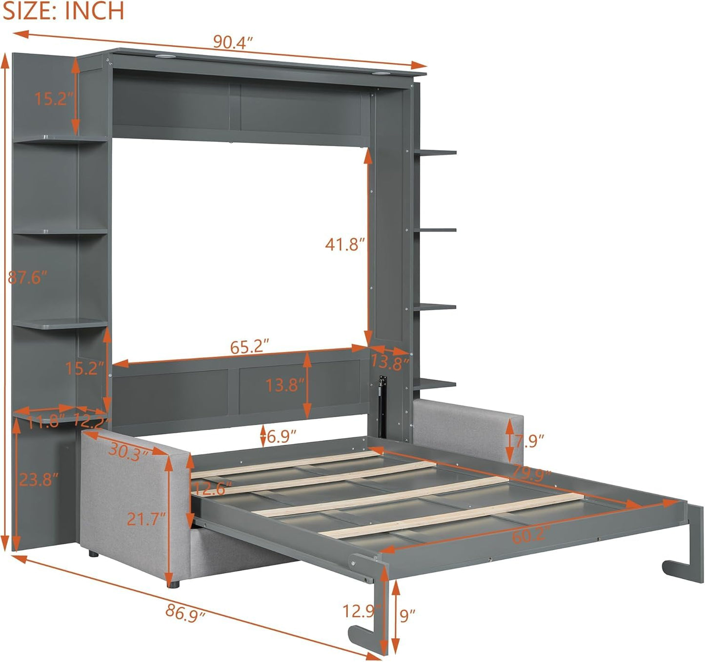 Queen Murphy Bed with Couch and Storage Shelves,Wood Murphy Wall Bed Cabinet with Storage Shelves and Sofa,Folding(Grey)