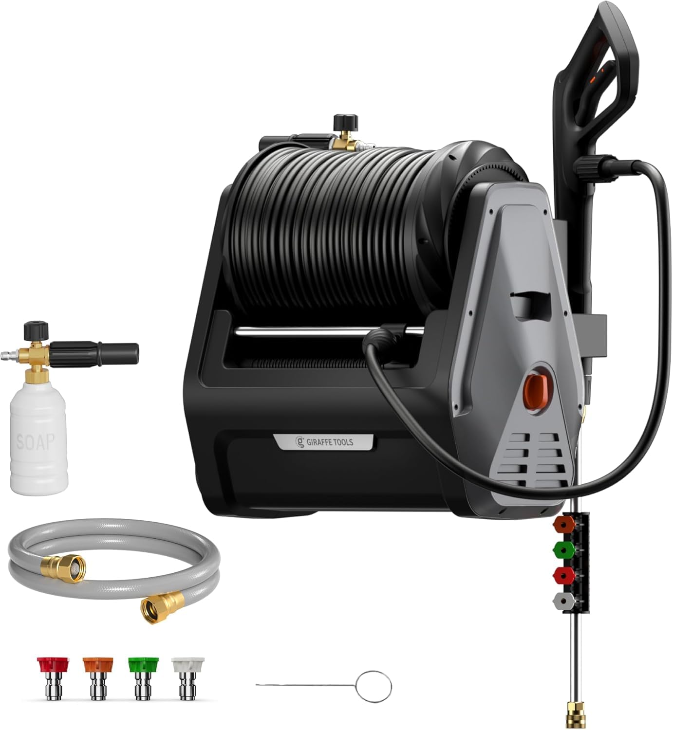Giraffe Tools Grandfalls Pressure Washer, Electric Wall Mount Power Washer with Retractable Pressure Hoses, 2900PSI, 2.2GPM, 4 Nozzles, Foam Cannon for Cars/Patios, Dark Silver, 100 ft