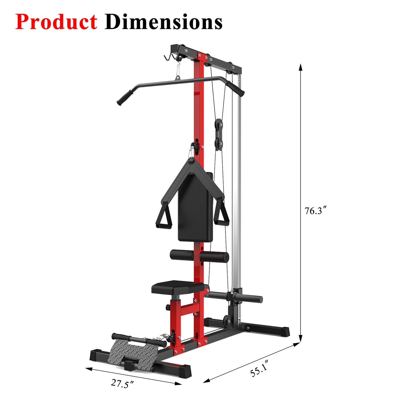 CABIHOME LAT Power Cable Machine - Adjustable Leg Support LAT Pull Down Machine with High & Low Pulley for Home Gym Back Strength Training，Black & Red