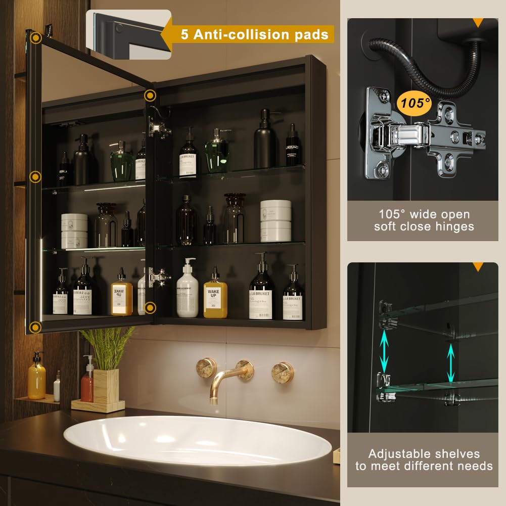 KWW LED Lighted Bathroom Medicine Cabinet with Sockets & USBs, Defogger, Dimmable, 3 Color Light Makeup Mirror, Easy to Install, Wall Mounted Cabinet (Left hinge-20 * 28)