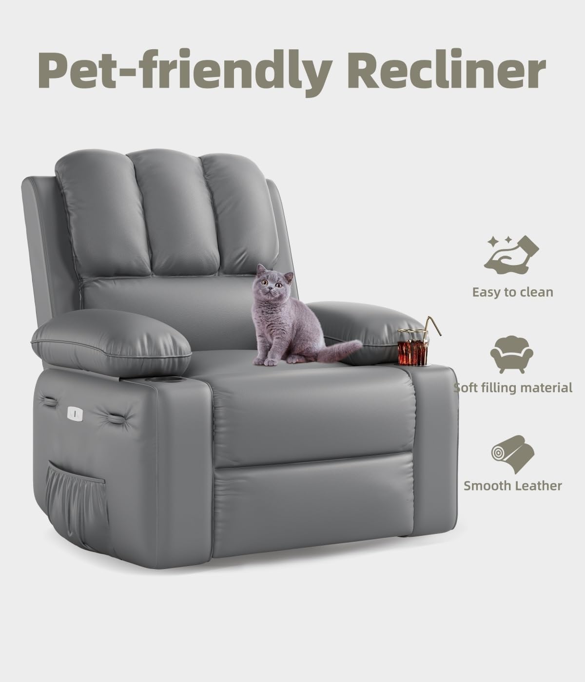 GarveeHome Oversized Recliner Chairs with Heat and Massage, Lazy Recliner Chair for Adults- Manual Chair with Cup Holder for Living Rooms, Bedrooms and Nurseries (Coffee)