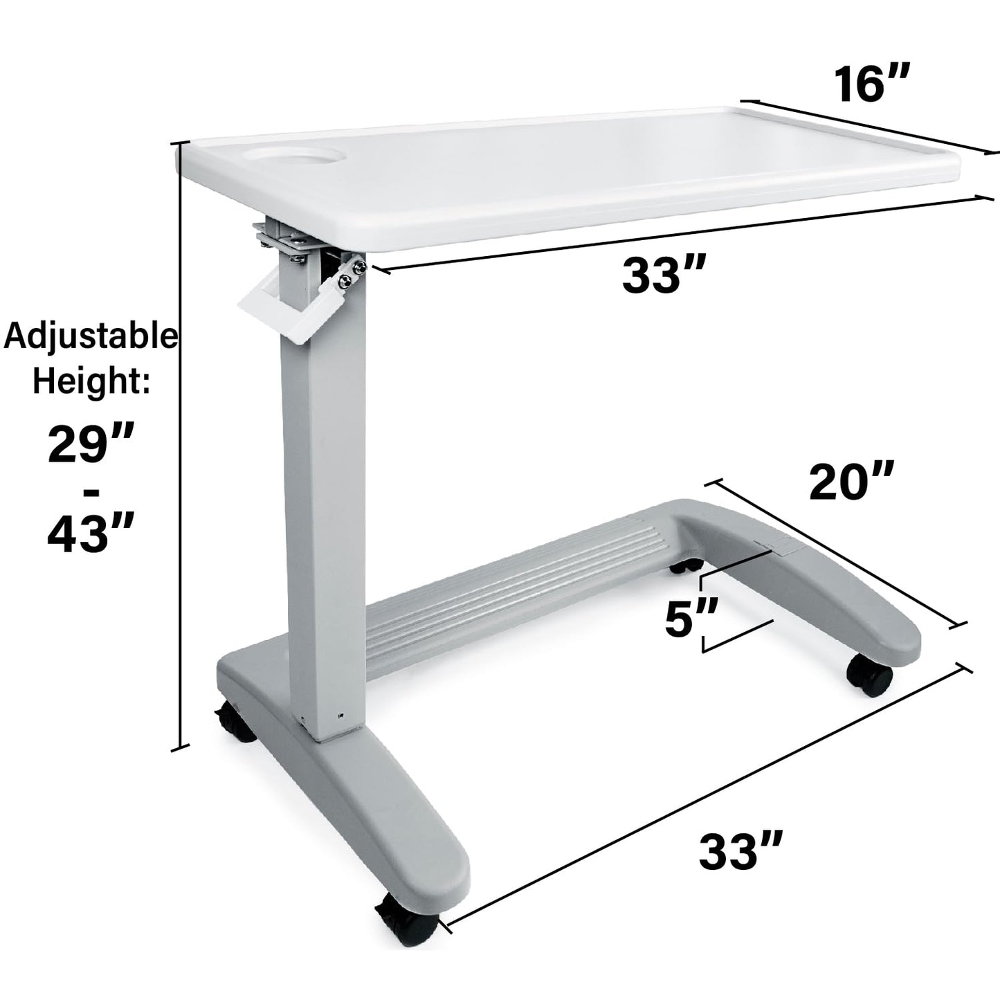 Vaunn Medical Pneumatic Adjustable Overbed Exam Bedside Table with Wheels (Hospital and Home Use), New Tabletop, Light Gray