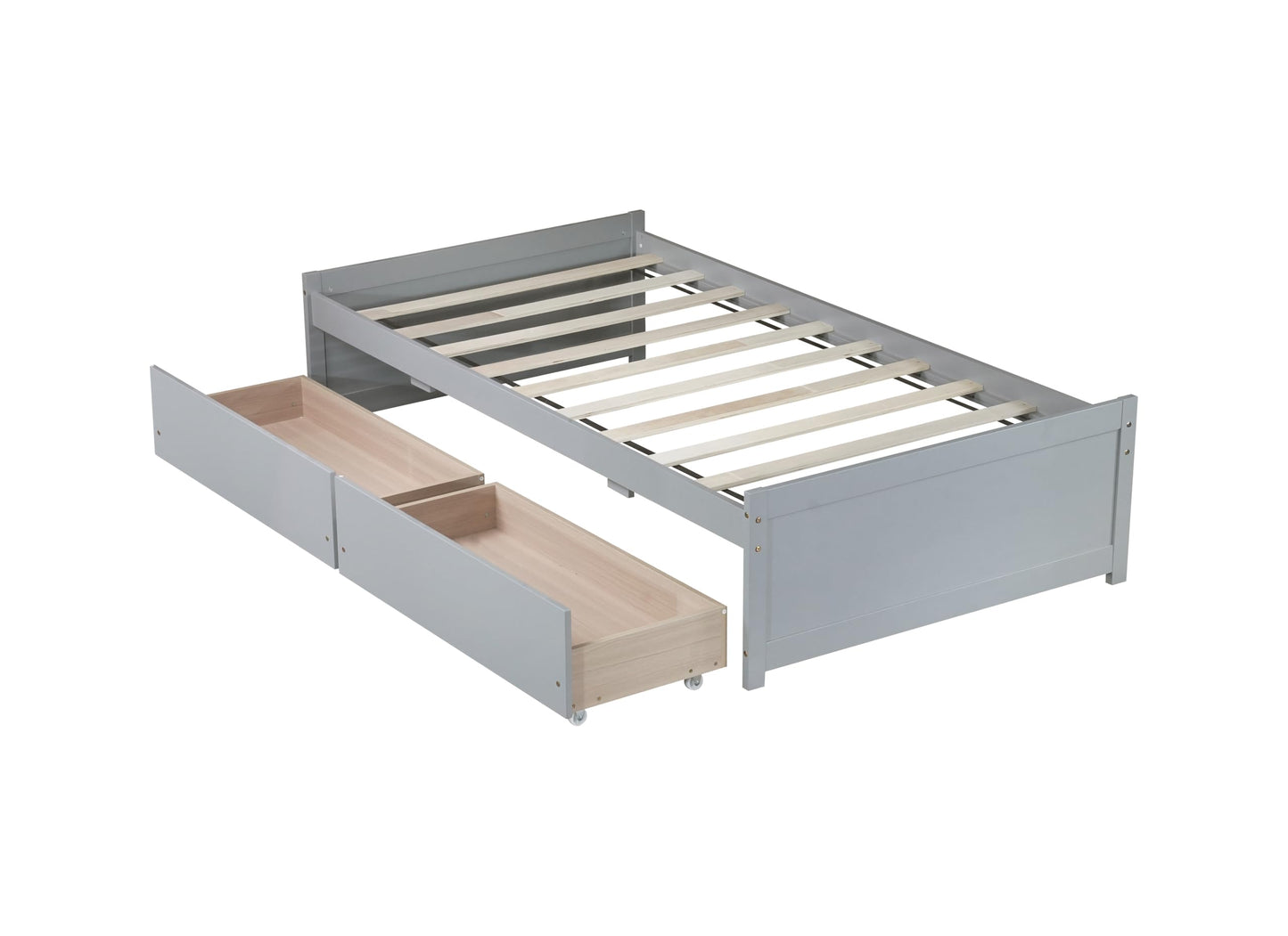 Twin Size Bed with Storage Drawers,Solid Rubber Wood Platform Bed Frame with 2 Pull-Out Drawers on Wheels,Wooden Beds for Kids Room Guest Room Bedroom,No Box Spring Needed,Easy Assembly,Grey