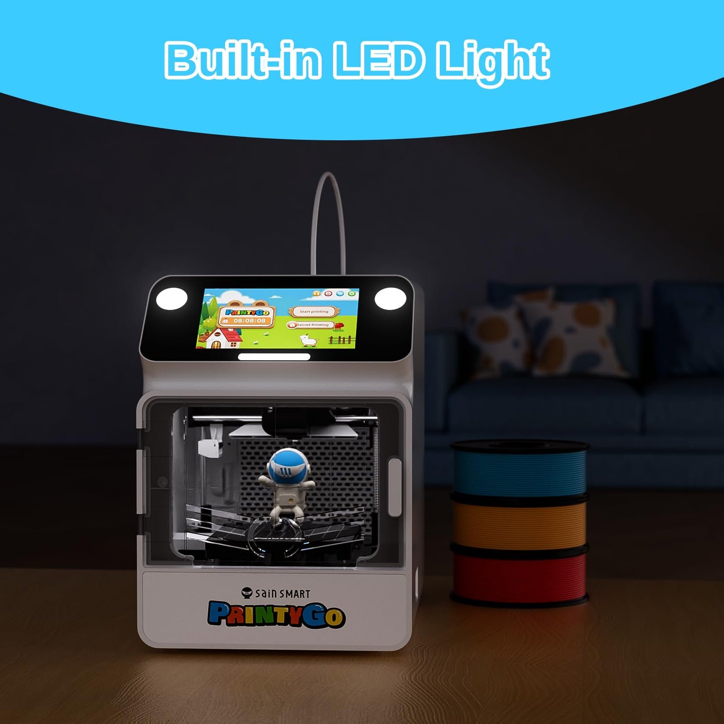 SainSmart PrintyGo 3D Printer for Kids, 600mm/s Auto Leveling Printer for Beginners with 5" Touch Screen, 1500+ Models, Child-Safe Design, Wi-Fi/App Control, Pre-Assembled for STEM Learning Gift
