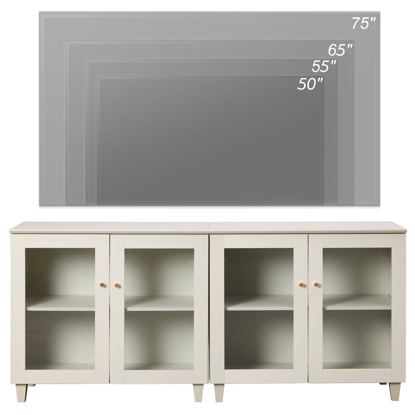WAMPAT TV Stand for 75+ Inch TV, Media Console w/Glass Doors, Light Beige