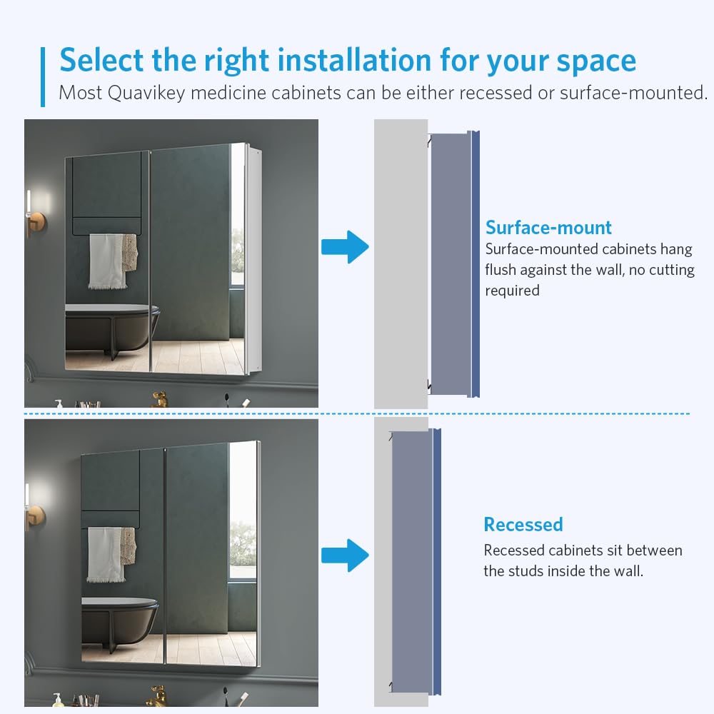 Quavikey 24"x26" 2-Door Medicine Cabinet with Mirror, Recessed or Surface