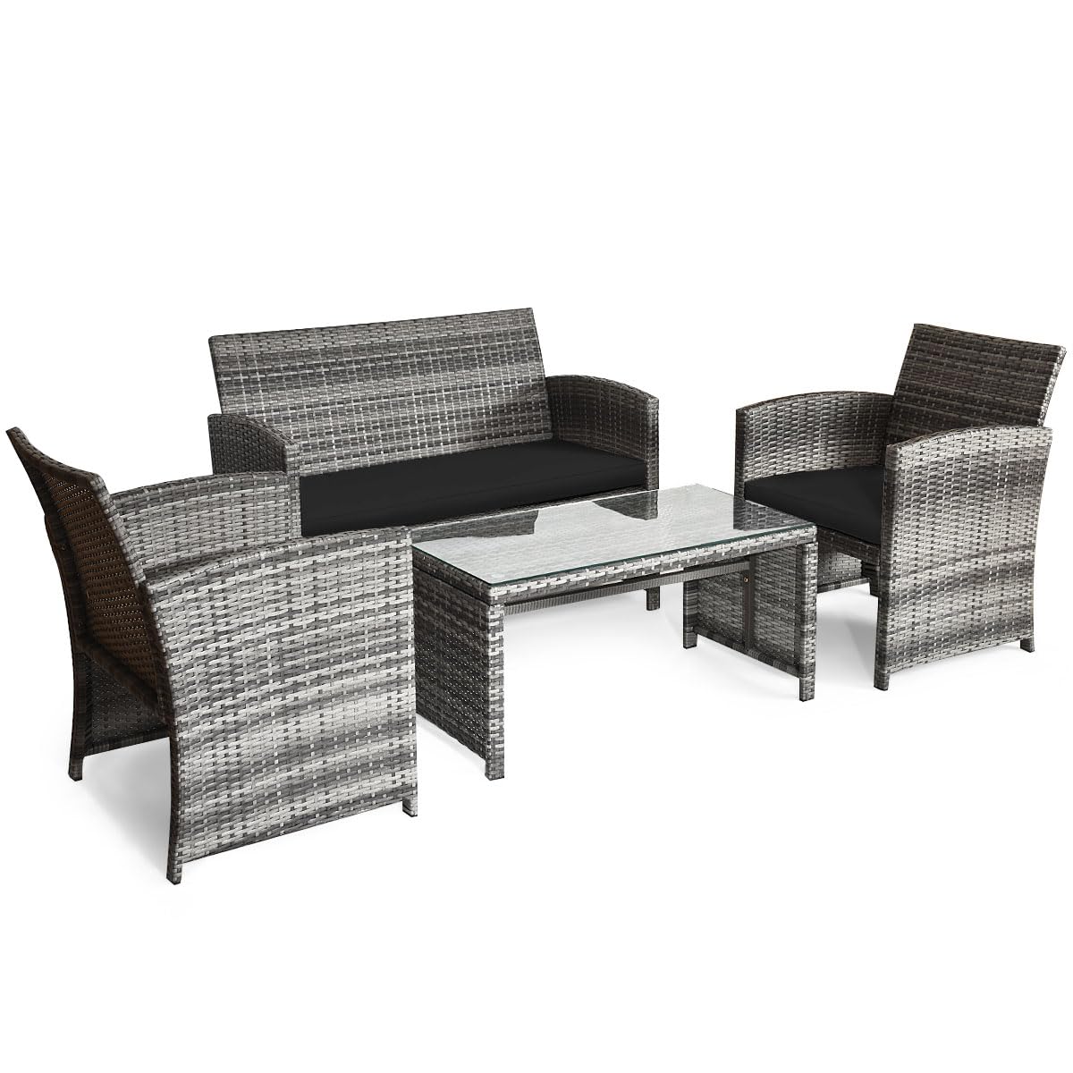 Giantex 4 Pc Patio Conversation Set, Rattan Loveseat & Patio Chairs with Cushioned Seat, Wicker Coffee Table, Outdoor Furniture Set for Front Porch Poolside Garden Lawn