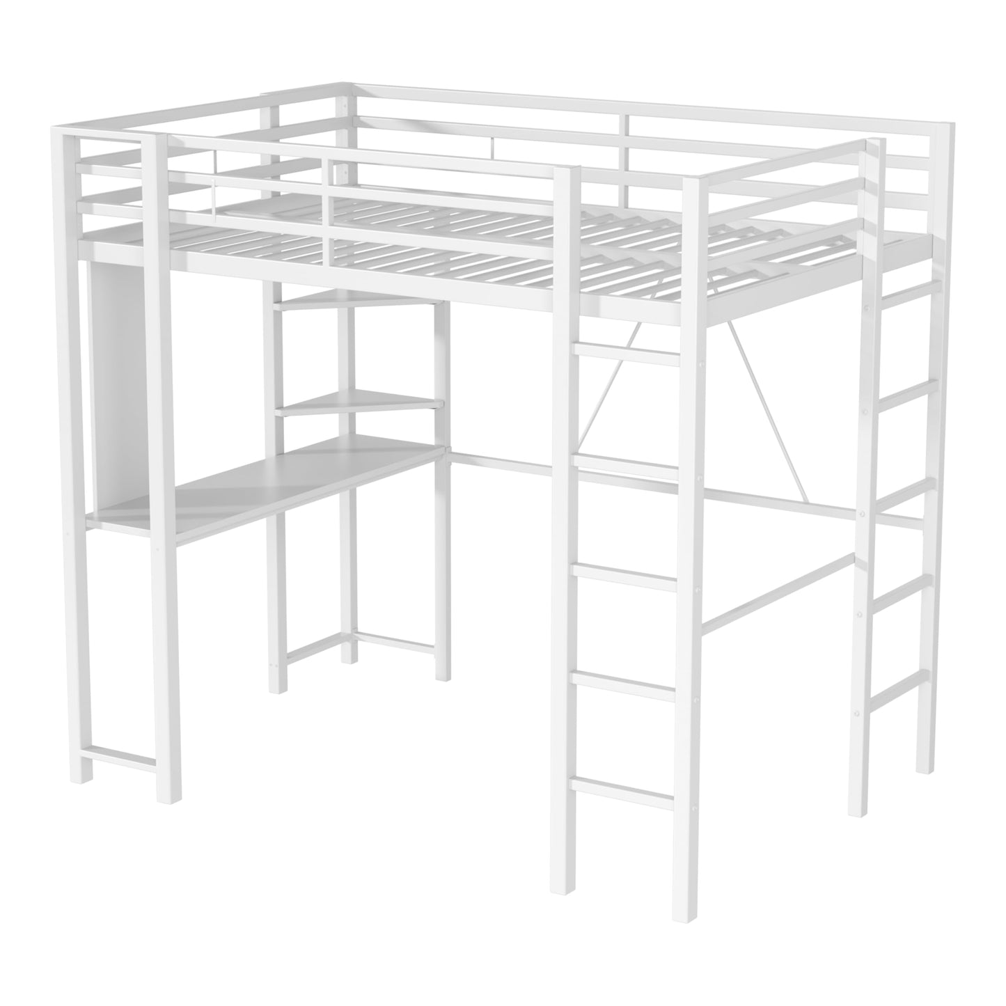 Nuturelly Loft Bed Full Size with Desk and Storage Shelves, Metal Bed Frame with with 2 Side Ladders for Teens & Adults, Space-Saving, Noise-Free, No Box Spring Needed, White