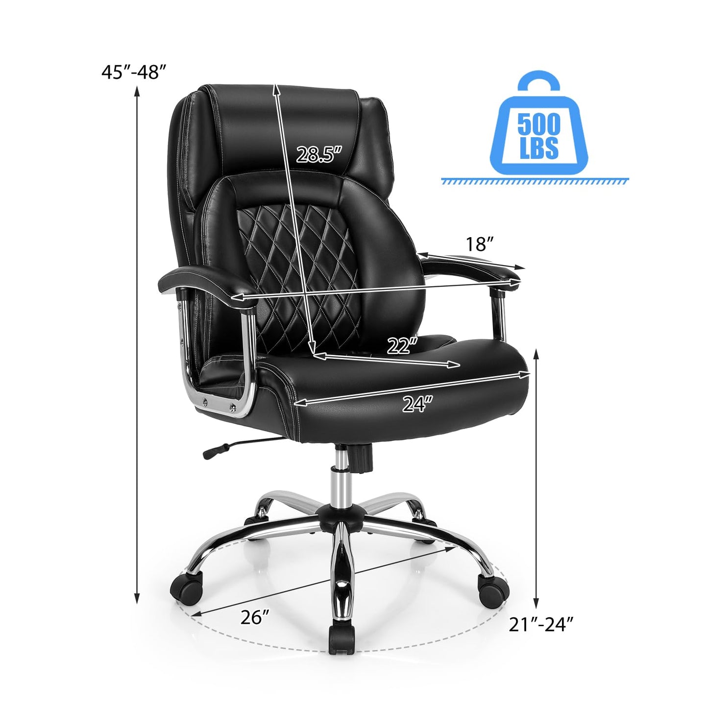 Giantex 500LBS Leather Office Chair, Height Adjustable Big and Tall Executive Chair, Computer Desk Chair w/Metal Base, Padded Armrest, Rocking Backrest, Swivel Task Chair w/Extra Wide Seat, Black