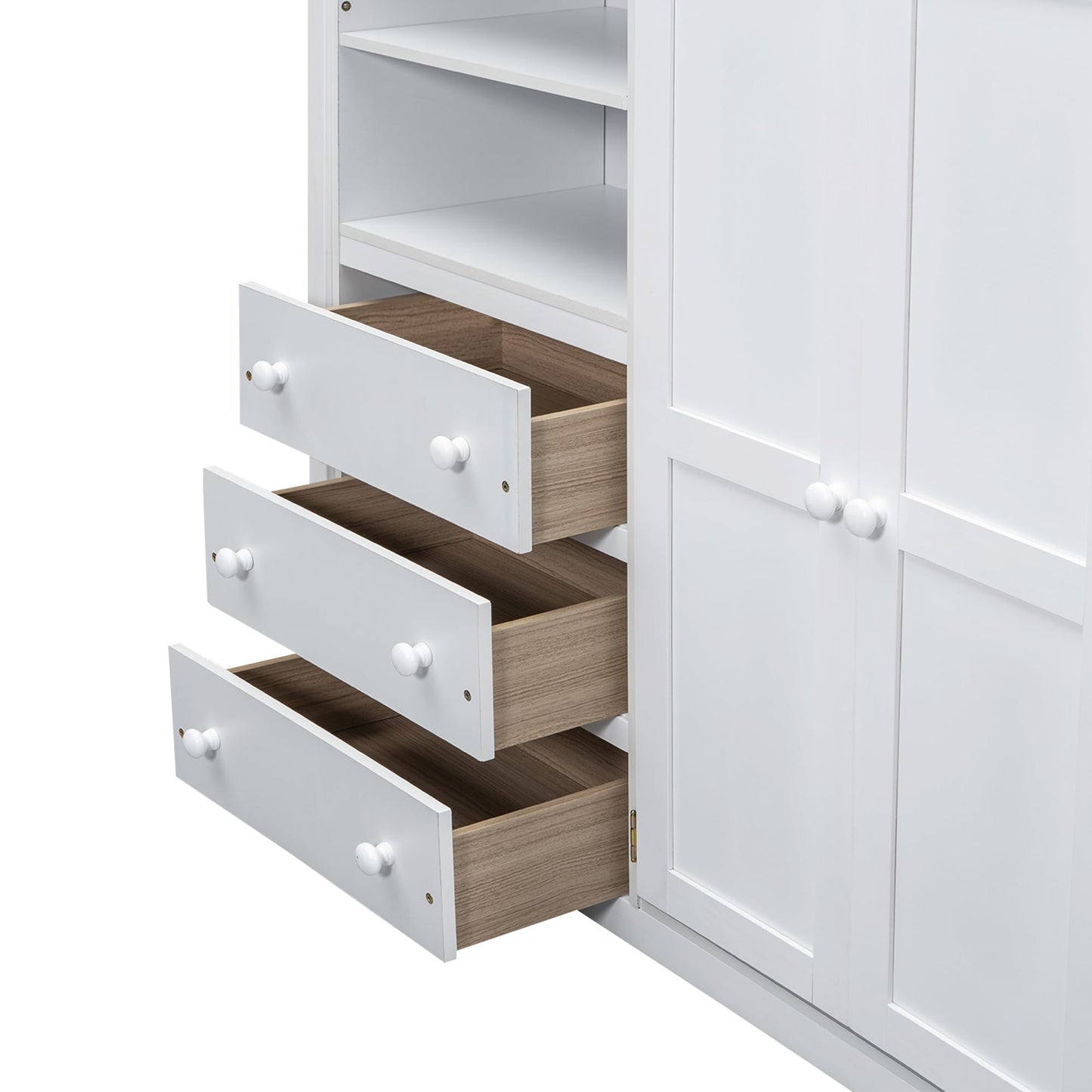 Merax Full Size Wood Loft Bed with Built-in Wardrobe, Large Desk, 2-Tier Storage Shelves & 3 Drawers, Solid Pine Wood Frame, 350 lbs Capacity, No Box Spring Needed for Bedroom, White