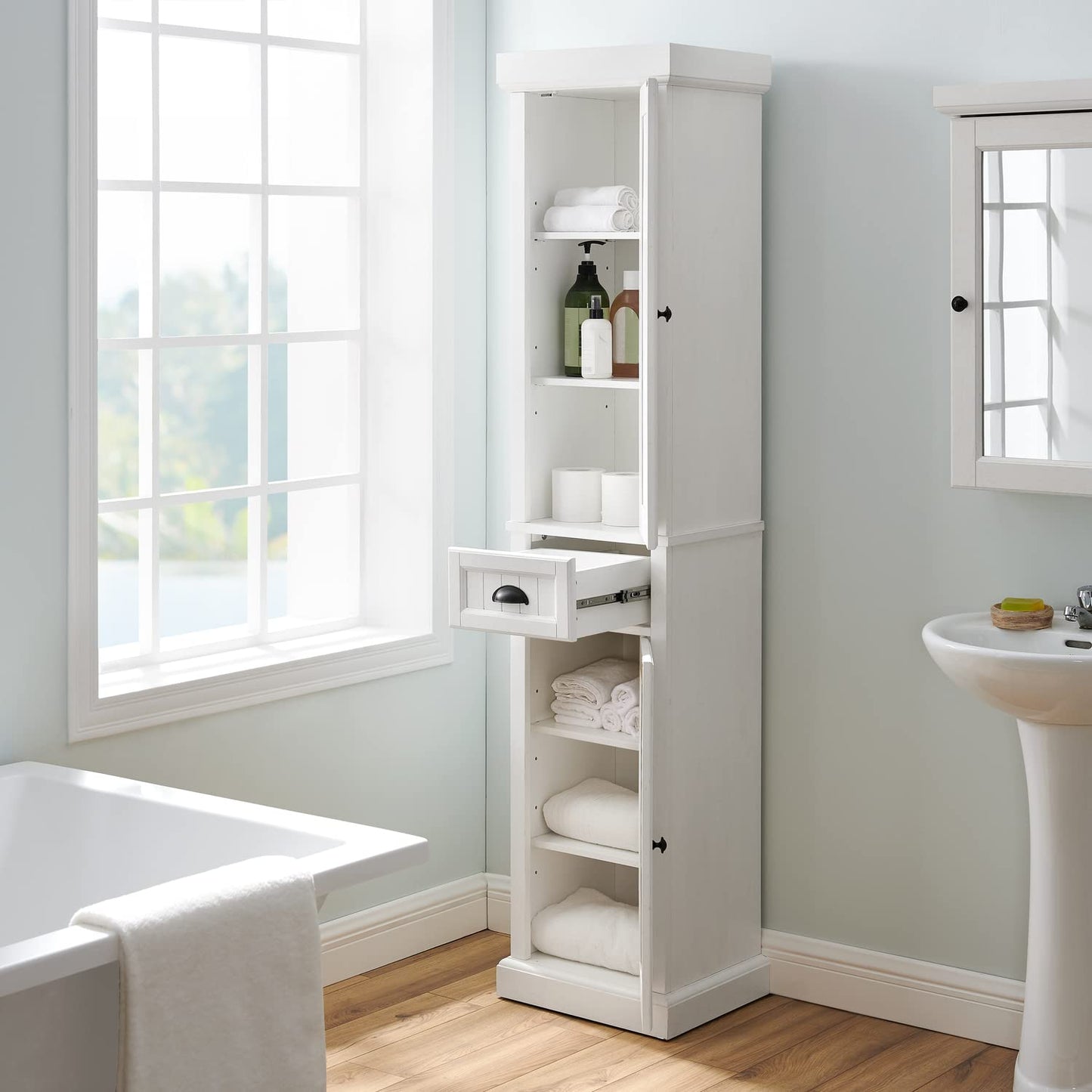 Maykoosh Country Cottage Wood Tall Linen Home Storage Cabinet with 2 Drawer in Distressed White, 2 Adjustable and Removable Shelves, 14" D x 16" W x 72" H