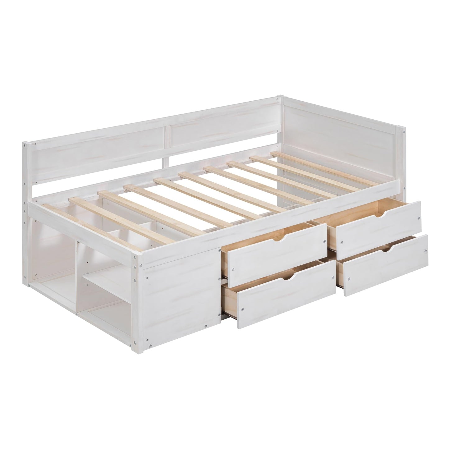 Merax Twin Daybed with Drawers and Shelves, Wooden Storage Daybed Frame with Pull Out Drawers, Twin Size Platform Bed for Guest Room, Small Space, No Box Spring Needed, White