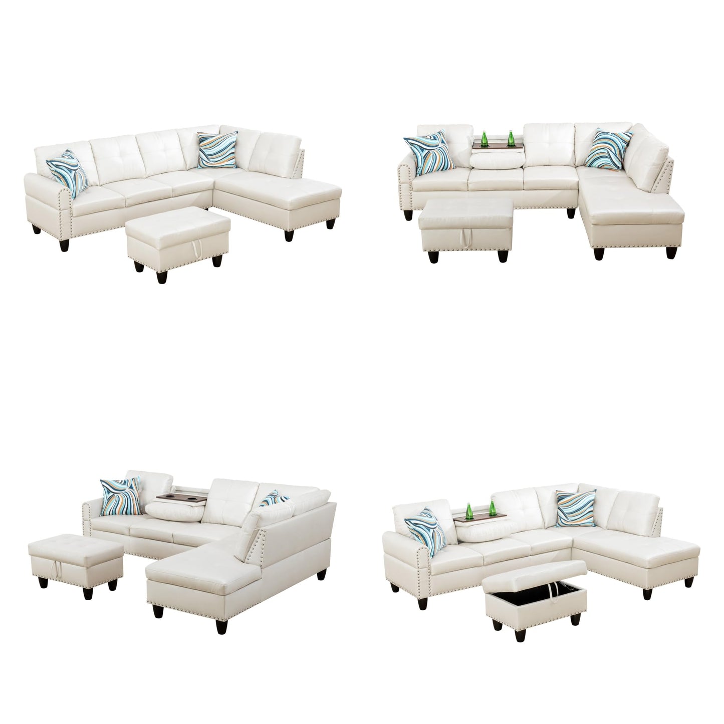 Topcomfy L Shaped Sectional Couches for Living Room with Movable Chaise & Storage Ottoman - 97.5" Leather V Shaped Couches for Apartment, Home Modular Sectional Sofas with Cup Holder, White