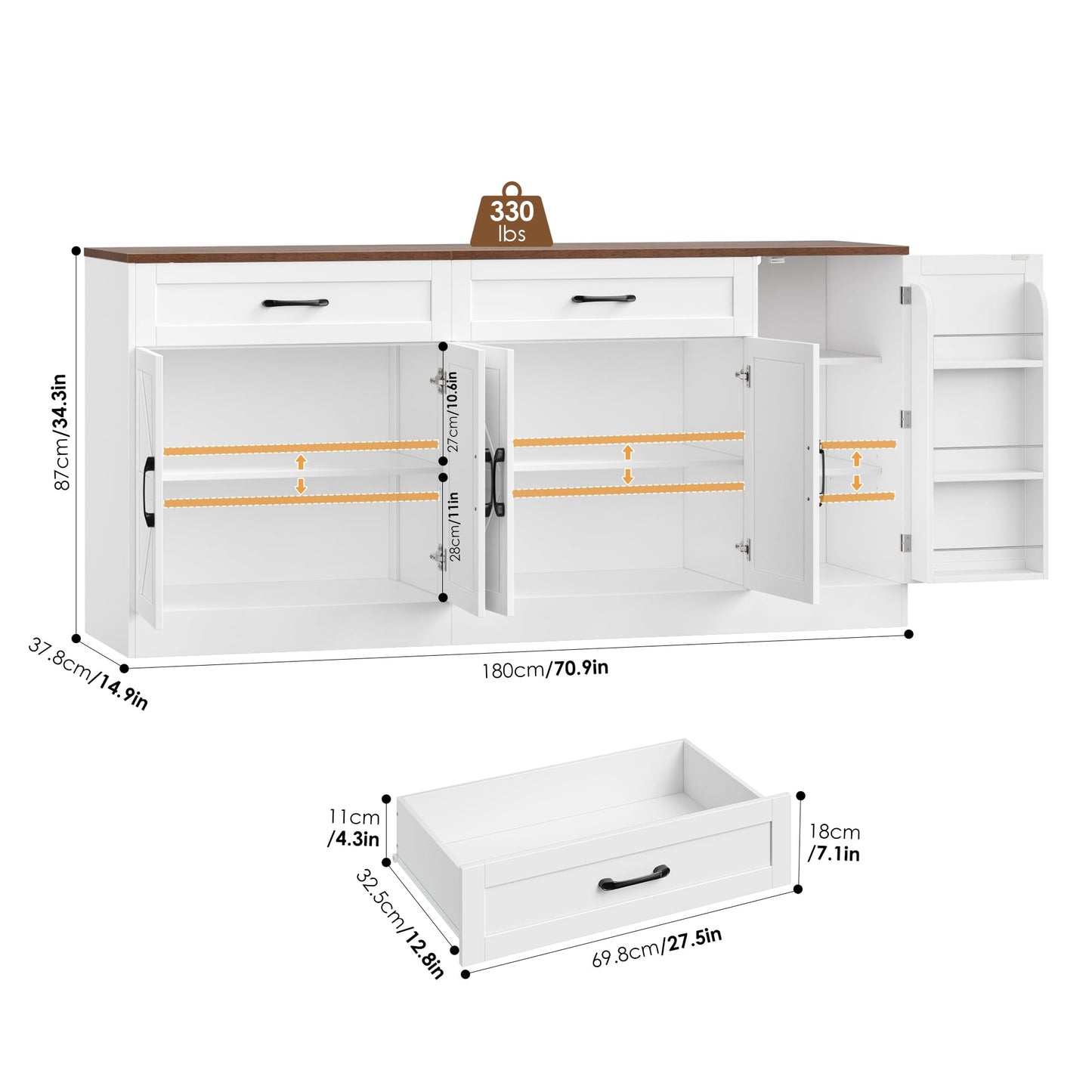 BOTLOG 71” Large Sideboard Buffet Cabinet with Storage, Farmhouse Buffet Cabinet with Adjustable Shelves and 3 Door Shelves, Wood Coffee Bar Console Table for Kitchen, Dining Room (White)