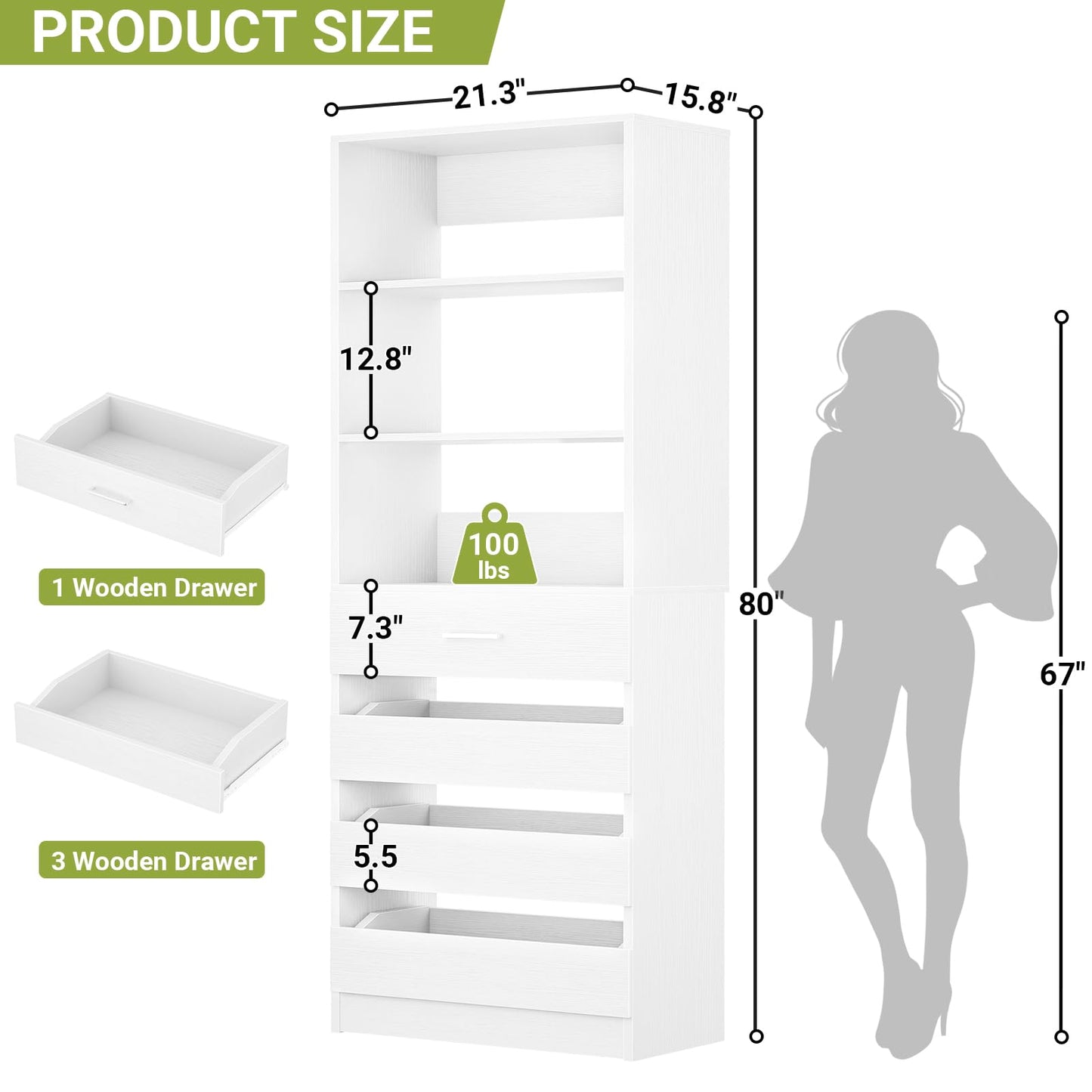 Aheaplus 21.3" Closet System with 4 Drawers, Wood Closet Organizer with Open Shelves, Modular Drawers System Tower, Walk-in Closets Small Wardrobe Rack, Tall Storage Cabinet Unit, White