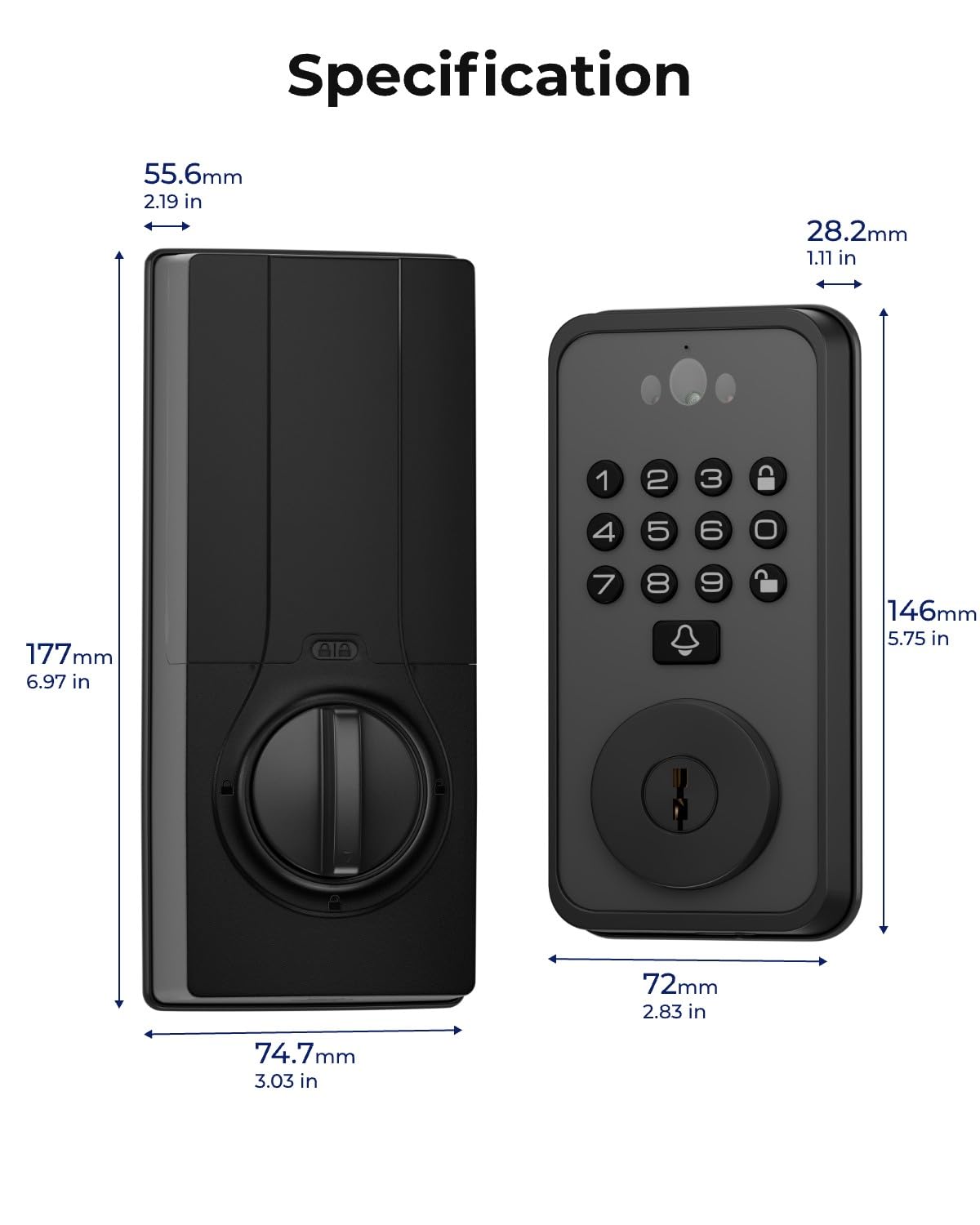 Smart Door Lock with Face & Palm Vein Recognition, Ultra-Wide Peephole Video Doorbell, Keep-Alive WiFi, Tuya App Control, Keyless Entry with Rechargeable Battery for Front Door