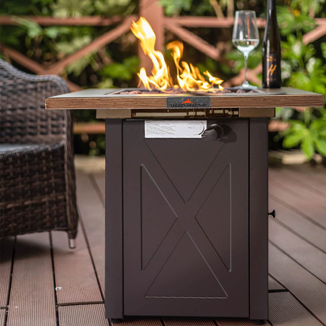 Outdoor Fire Tables, 50,000 BTU Patio Fire Pit Table Prop ane Fireplace for Backyard, Deck, Multi-Use Square Gas Fire Pit with Lid & Lava Rock, Table Top Firepit, Wood Table and Mocha Base