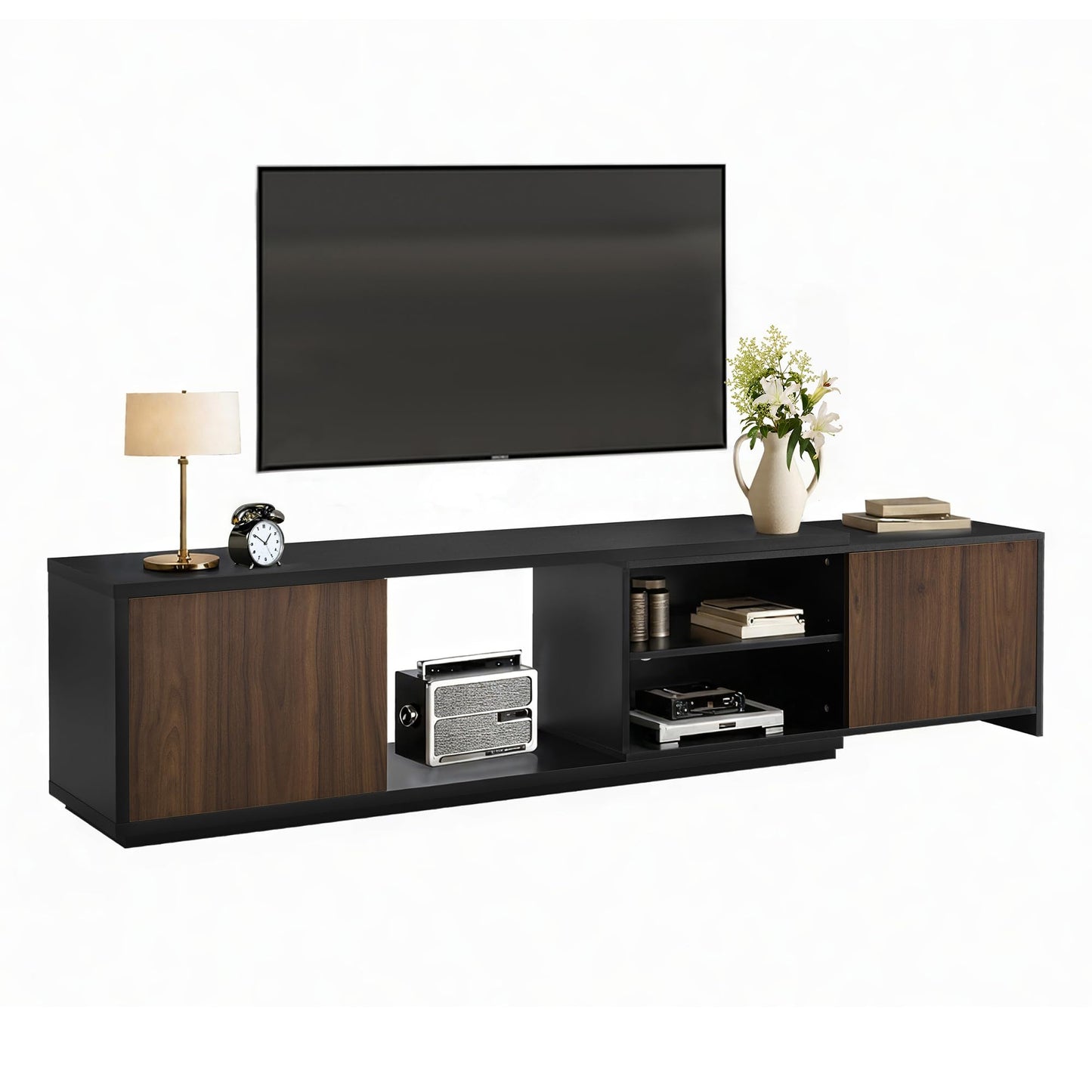KISLOT Extendable TV Stand for TVs up to 90",Modern Entertainment Center with Adjustable Shelf,Television Stand with 2 Storage Cabinets,Wooden TV Media Console for Living Room Bedroom Black