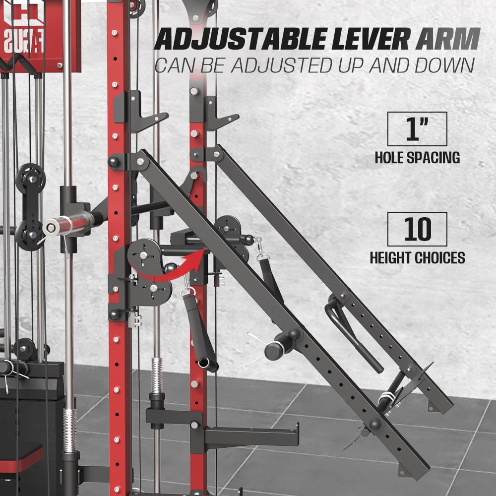 smithmachine with Weight Bench Combo, Home Gym with Dual Weight Stacks, 4000LBS Power Cage Squat Rack with Lever Arm, Leg Press, LAT Pull Down, Cable Crossover Machine for Full Body Training, Red