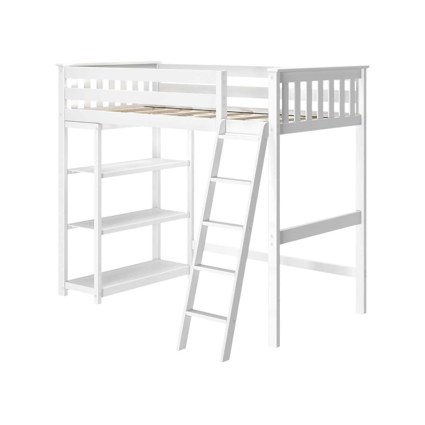 Max & Lily High Loft Bed, Twin Bed Frame For Kids With Bookcase, White