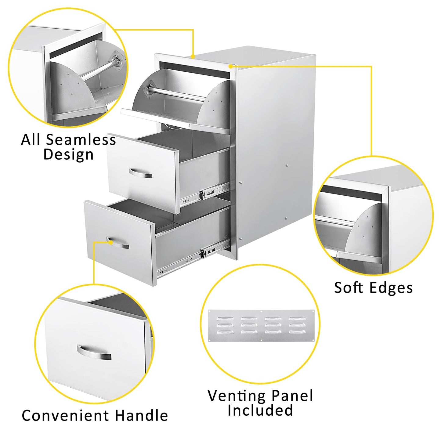 GarveeLife 17W x 30H x 21D Inch Outdoor Kitchen Drawers w/Paper Towel Holder, Stainless Steel Triple BBQ Drawers, Access BBQ Drawers for Outdoor Kitchen Island or Grill Station