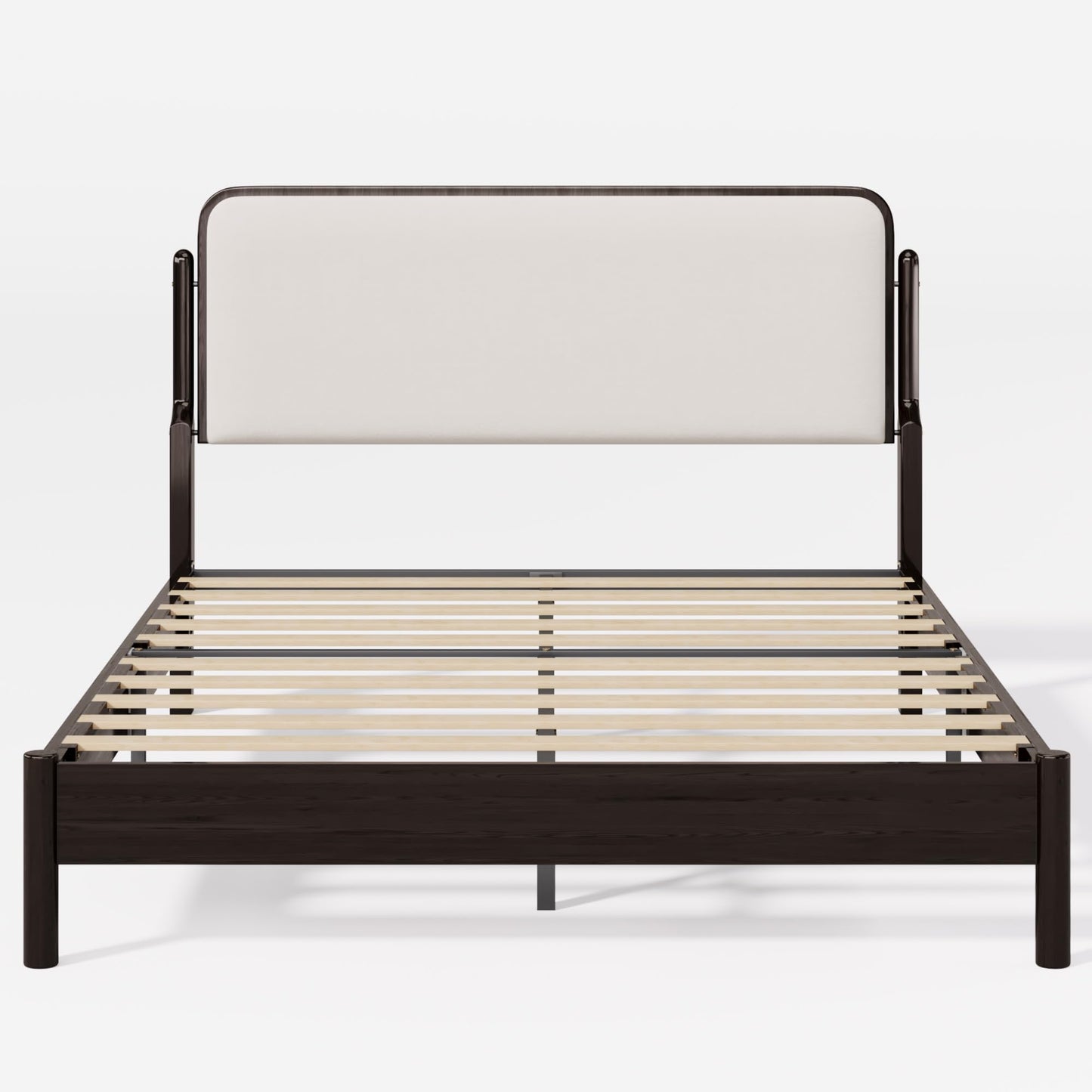 Lifezone Queen Bed Frame with Upholstered Headboard, Solid Wood Bed Frame Queen Size with Ergonomic Design Headboard, Wood Slats Support, Noise-Free, Easy Assembly,No Box Spring Needed, Walnut