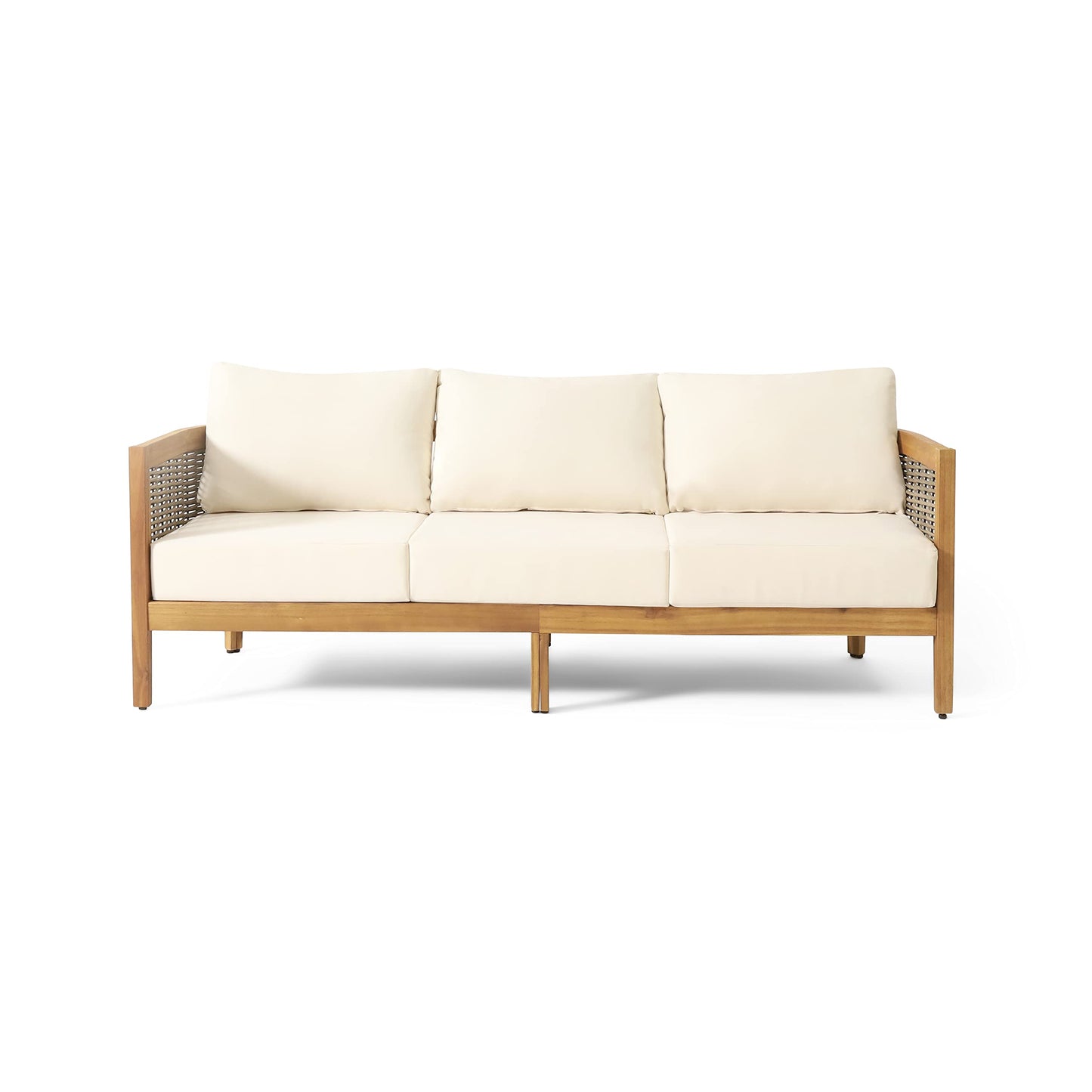 Merax 76.5" Outdoor Acacia Wood Wicker 3 Seater Sofa, Patio Furniture Couch for Backyard