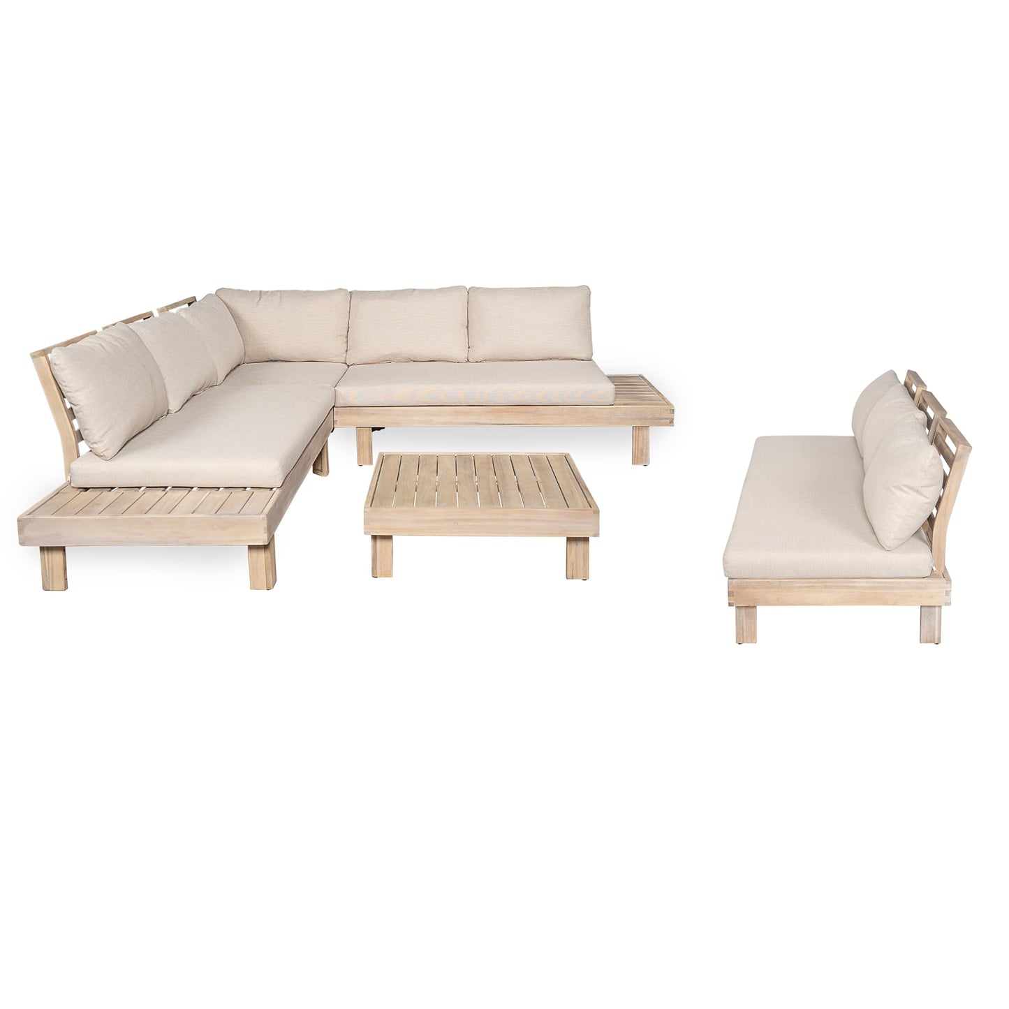 Merax 5 Piece Paito 8-Seaters Conversation Set, All-Weather Acacia Wood L-Shaped Sofa with Side Tables and 3-Seater Sofa Bed with Cushions,Outdoor Sectional Couch Set for Backyard, Light White+Sand